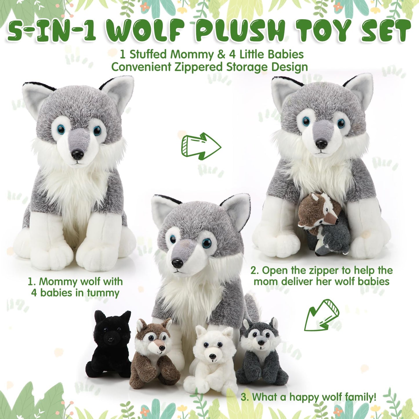 Honoson 5 Pcs Wolf Plush Set 14 Inch Mommy Wolf Stuffed Animal With 4 Cute Baby Wolves In Her Zippered Tummy Soft Wolf Plushie F
