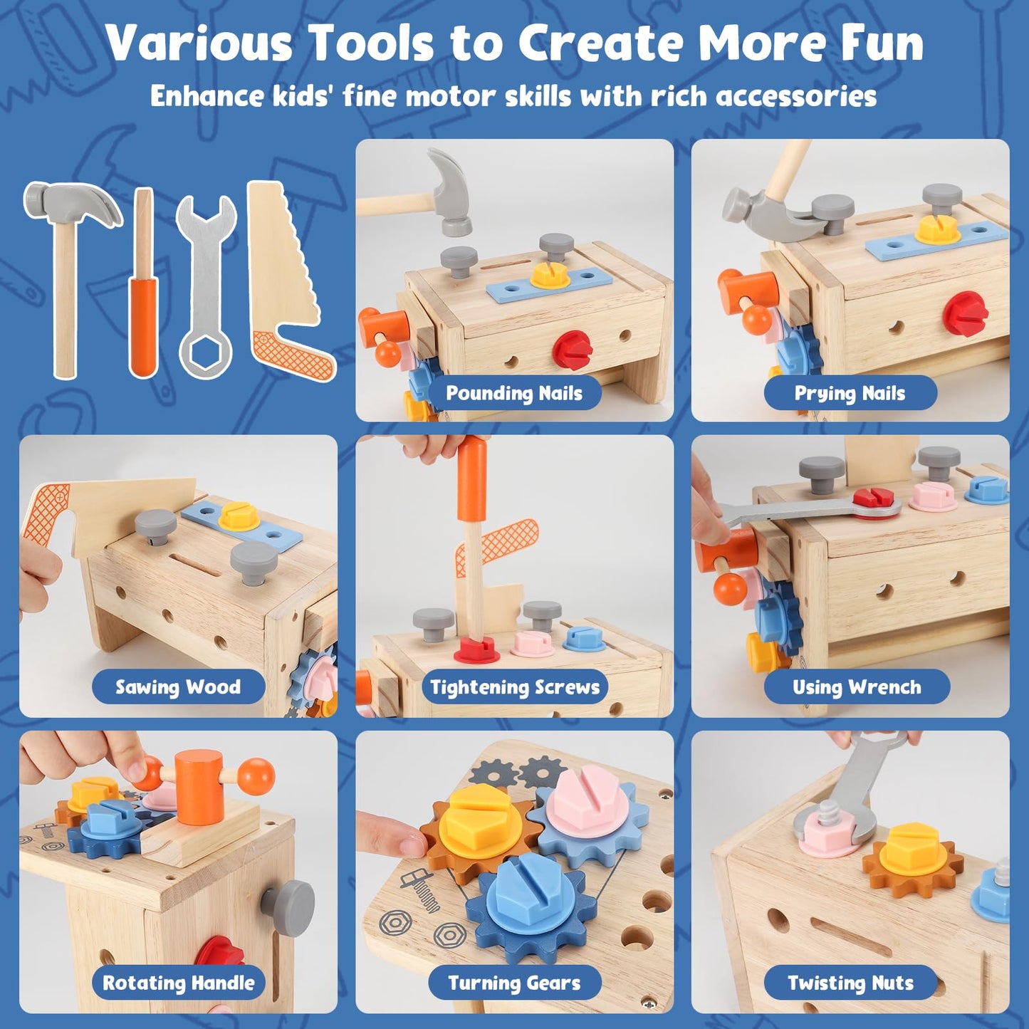 Vextronic Kids Tool Set, 38 PCS Wooden Montessori Toy Tools for Toddlers 1 2 3 4 5 6 with Tool Bench/Box, Play Toddler Tool Set,