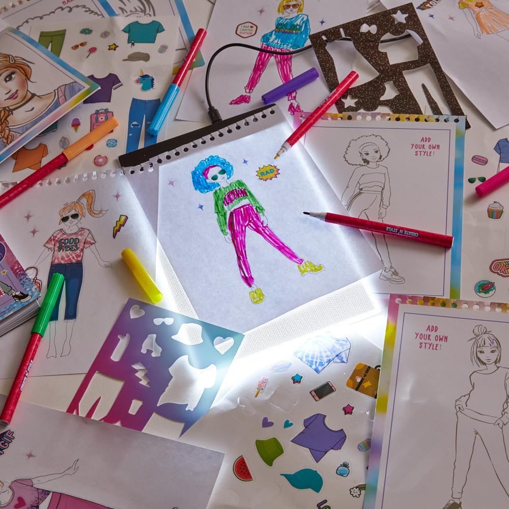 Create N Style Fashion Design Light Up Tracing Pad Kit, Kids Coloring Art Activity Set with Stickers and Stencils
