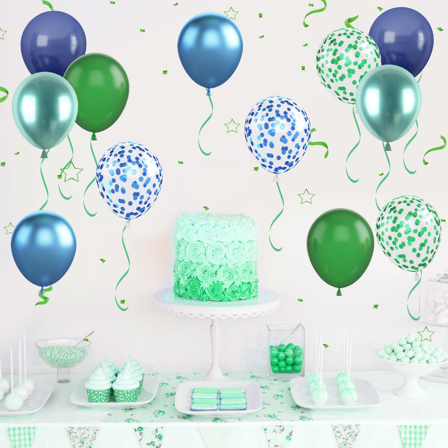 Blue And Green Balloon Set, 12 Inch Navy Blue Dark Green Balloon Metallic Chrome Green Blue Balloons, Confetti Green Blue Balloo