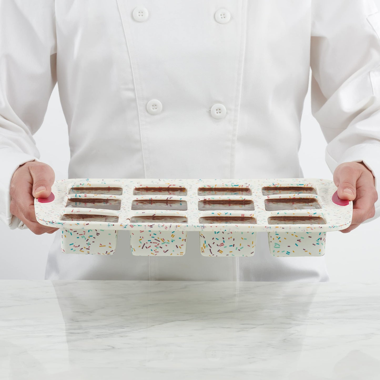 Trudeau Brownie Pan, 12 Cavity Nonstick Bakeware, Silicone, White Confetti/Fuchsia, Model 05120125, Dishwasher Safe