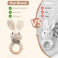 Wooden Baby Rattle, Handcrafted Crochet Bunny Rattles With Wooden Teething Ring, Beige Rabbit Newborn Toy Stuffed Animal Organic