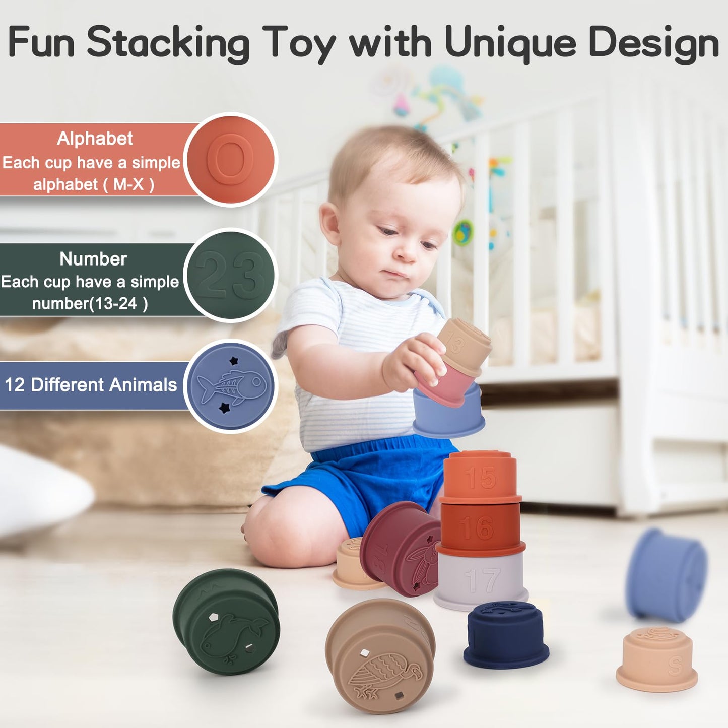 Maliton Stacking Cups Toy, Fun Educational Soft Silicone Baby Stacking Cups, With Number Letter Animal, Toddler Stacking Toys Fo
