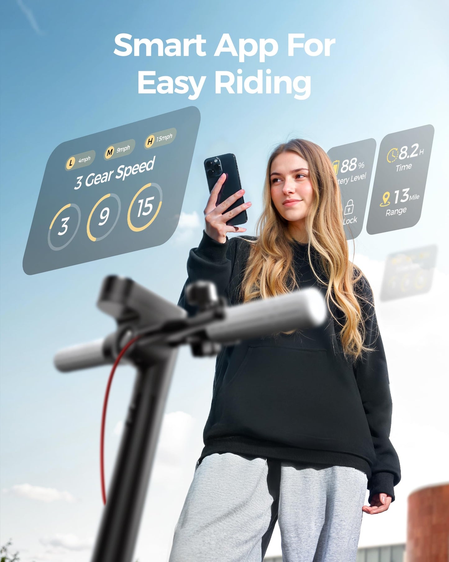 Electric Scooter A1C,Front Suspension Kick Scooter,8.5 Solid Tires,300W Motor,Smart App Control,15.5Mph, Escooter For Teens Adul