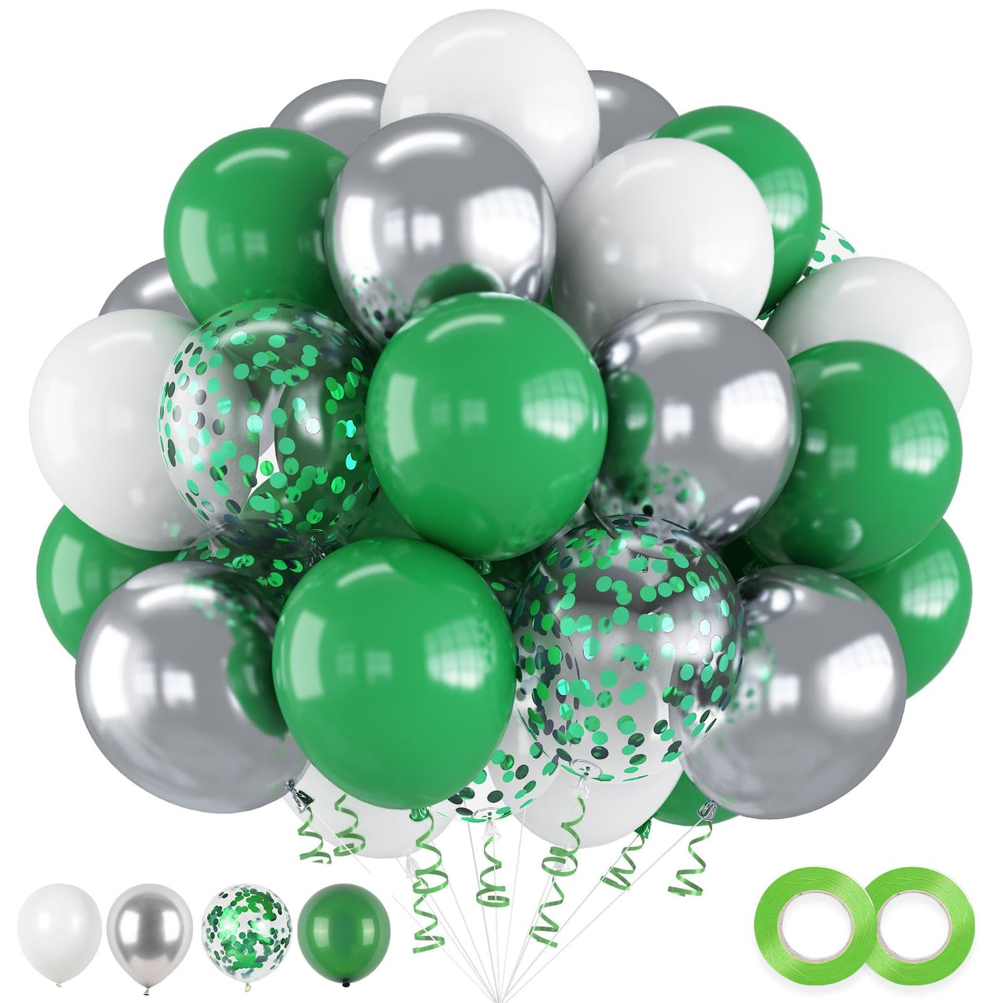 Green And White Balloons, 60 Pcs Green And Silver Balloons With Green Confetti Metallic Silver Balloons, 12 Inch Emerald Green D