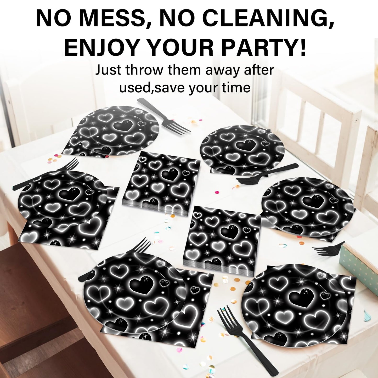 Qyeahkj 100 Pcs 2000S Party Plates Napkins Forks Set Black Heart Tableware Supplies Y2K Theme Birthday Party Decoration Early 20