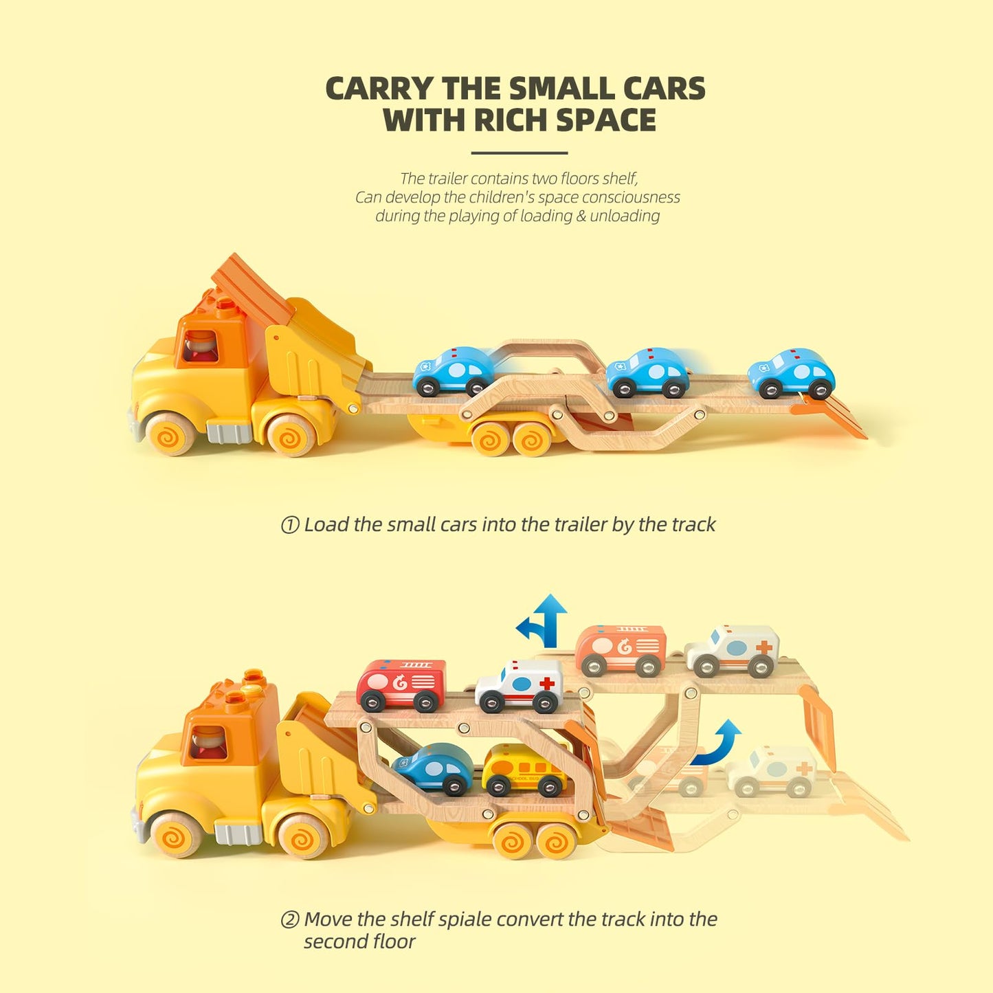 Toddler Car Toys for 2 3 4 5 Years Old Kids, Transport Carrier Truck Toy with 4 Wooden Vehicle, 24IN Foldable Track Trailer with