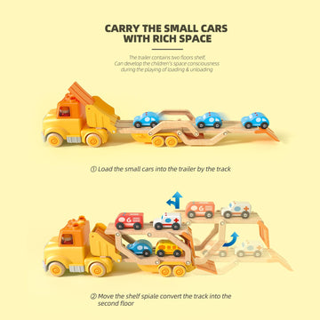 Toddler Car Toys for 2 3 4 5 Years Old Kids, Transport Carrier Truck Toy with 4 Wooden Vehicle, 24IN Foldable Track Trailer with