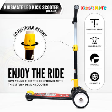 Kidsmate Leo Kick Scooter for Kids, 3 Adjustable Height Scooter, Foldable & Attractive PVC Wheels with Rare Brakes for Kids (Bla