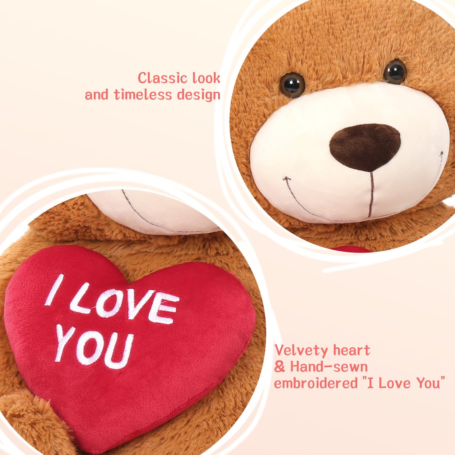 Beniny Red Heart Giant Teddy Bears, Big Teddy Bear Stuffed Animals With Embroidered I Love You For Girlfriend, Valentines Fluffy