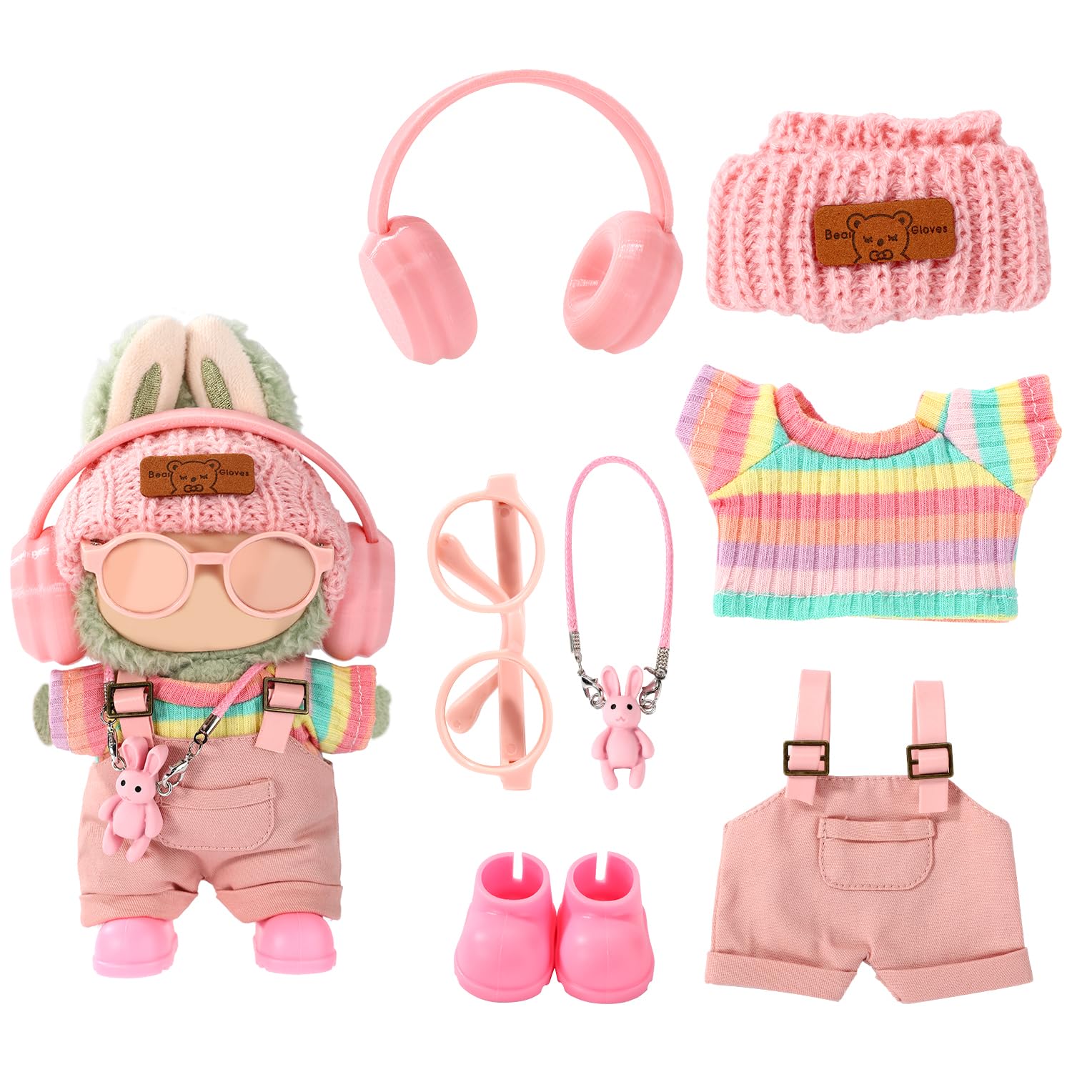Sinbana 7pcs Doll Clothes Set, Adorable Rainbow Top Clothes Pants Headphones Glasses Bag Hat and Shoes Fashion Doll Outfit Set f