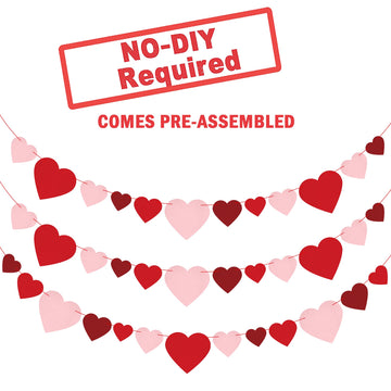 KatchOn, Felt Valentines Day Garland - No DIY, 3 String, 8.2 Feet | Red Heart Garland, Galentines Day Decorations | Valentine Ga