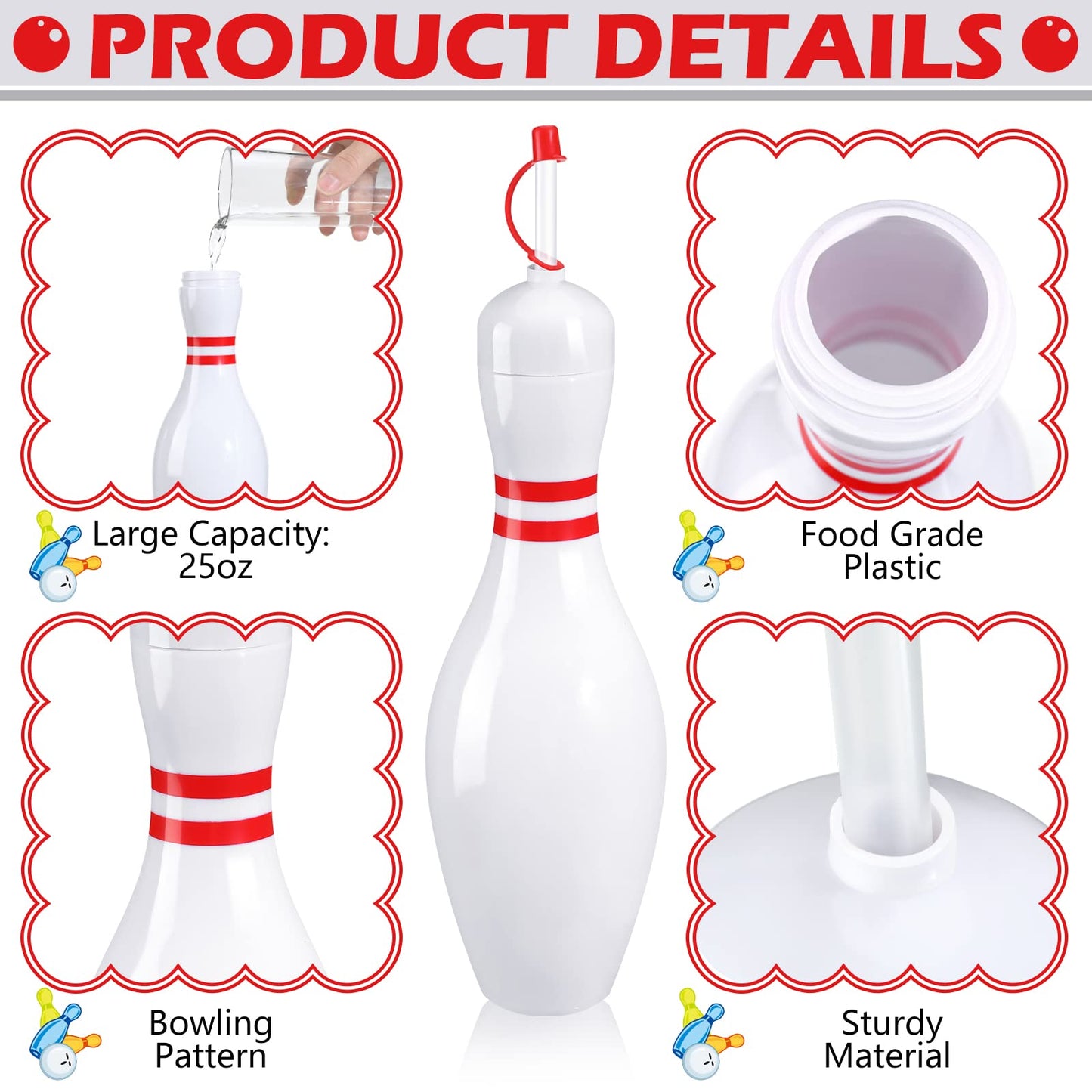 Funtery 24 Set Bowling Lovers Gifts for Men Women 25 oz Reusable Bowling Pin Plastic Water Bottles with Straws and Lids Sports F
