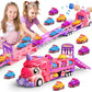 Unicorn Car Toys for Age 3 4 5 6 Year Old Toddler Girl, Foldable Track & 2 Player Race Mode Game, Light & Sound Push Transport C