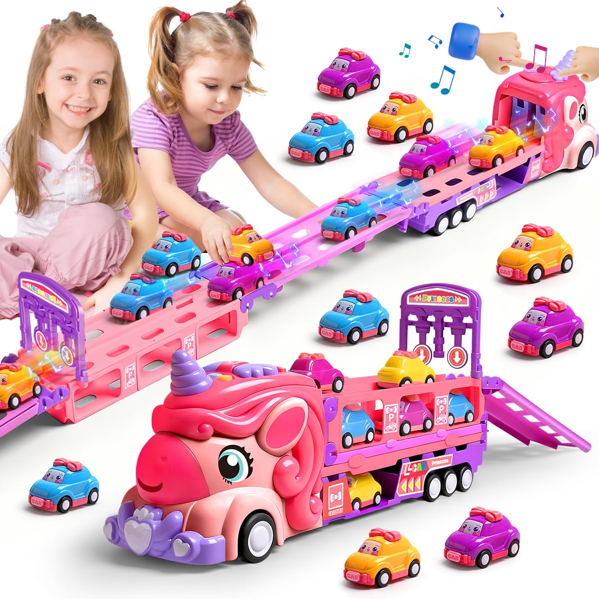 Unicorn Car Toys for Age 3 4 5 6 Year Old Toddler Girl, Foldable Track & 2 Player Race Mode Game, Light & Sound Push Transport C