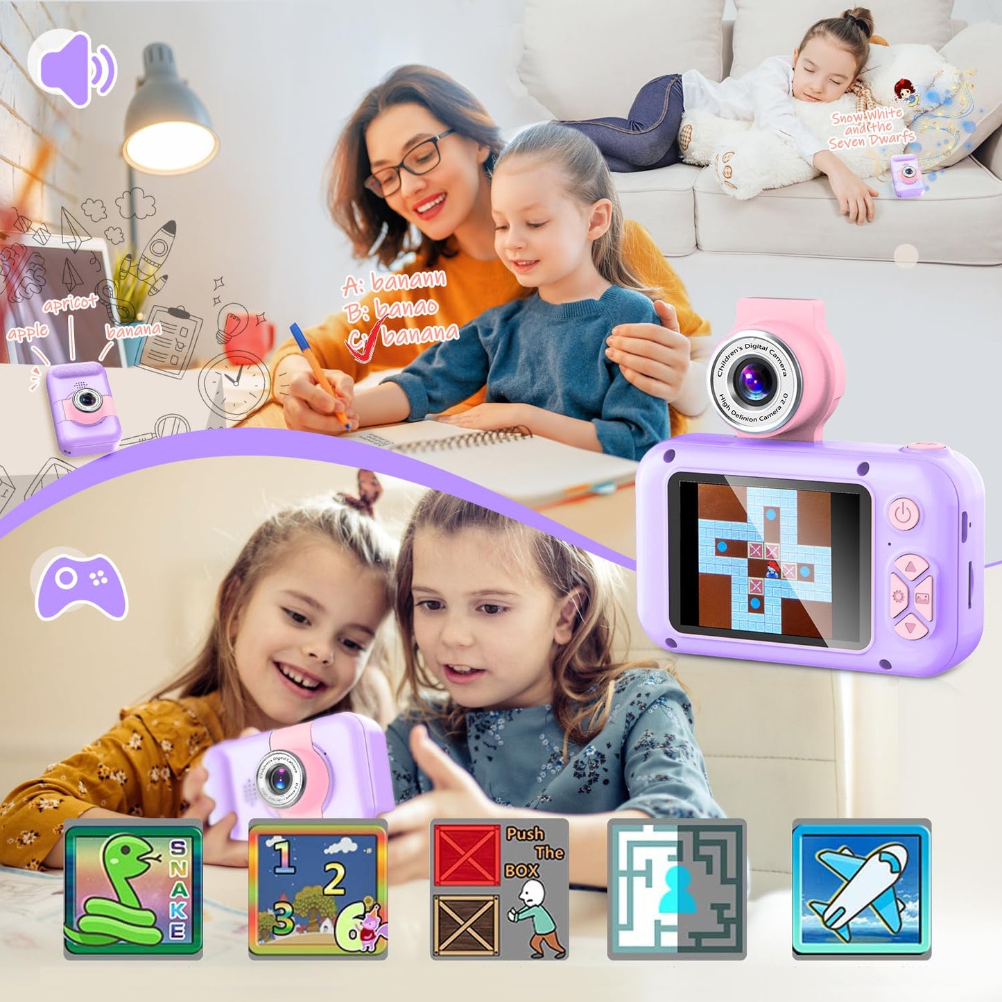 ARNSSIEN 2.4 Purple Kid Camera - Digital Selfie Camera with 180° Flip Lens & Playback Game for Ages 4-11, Perfect Christmas/Birthday Gift