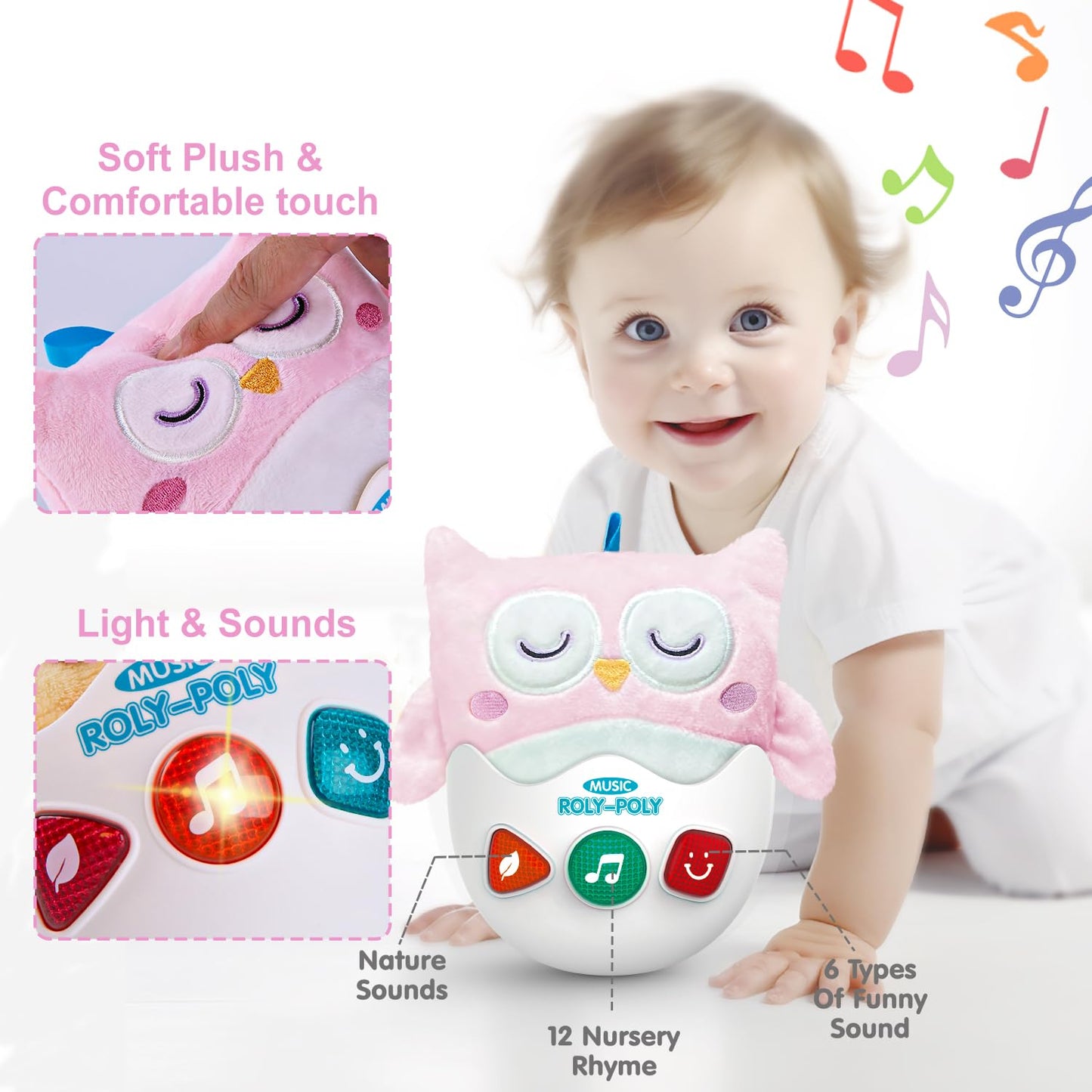 Wowohage Baby Toys 0-6-12 Months, Plush Owl Musical Toys, Cute Stuffed Animal Infant Toys With Light & Sounds, Roly-Poly Sensory