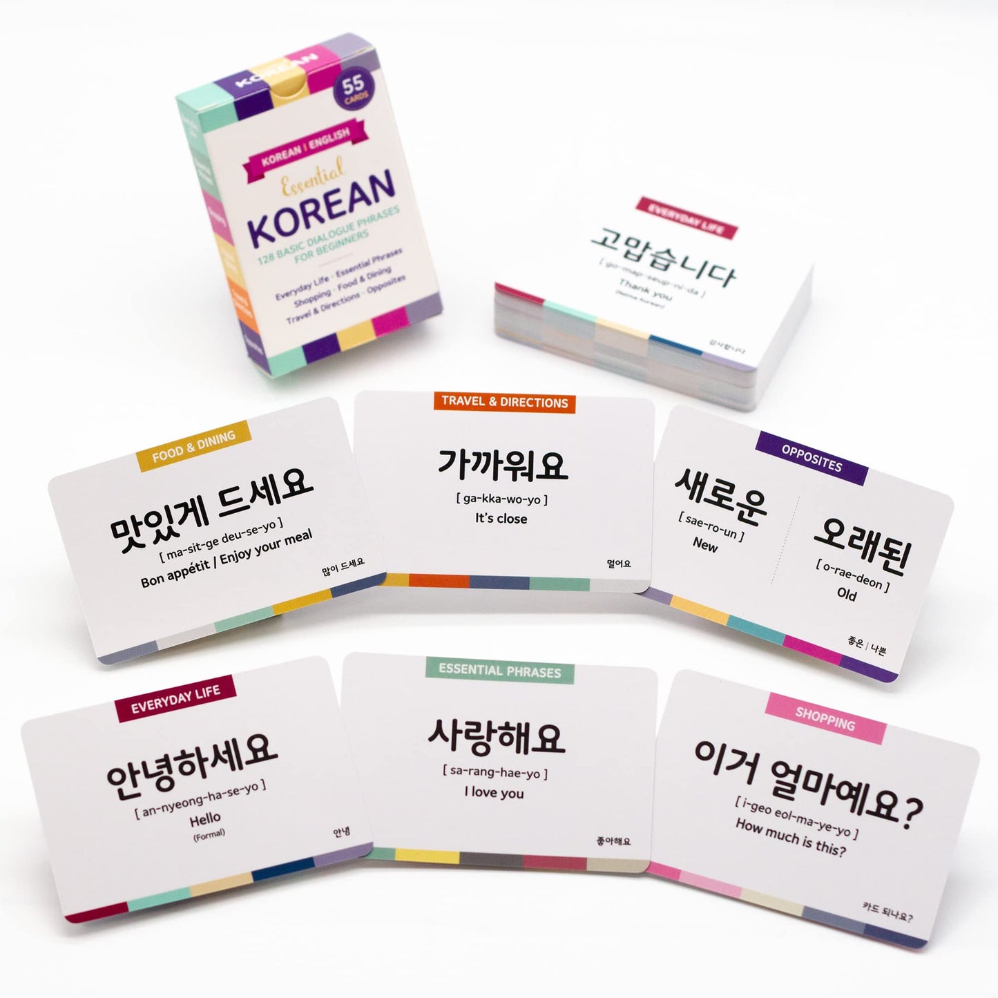 Stellarsol Pocket-Sized Korean Dialogue Flashcards - 128 Basic Phrases for Beginners, Multi Color