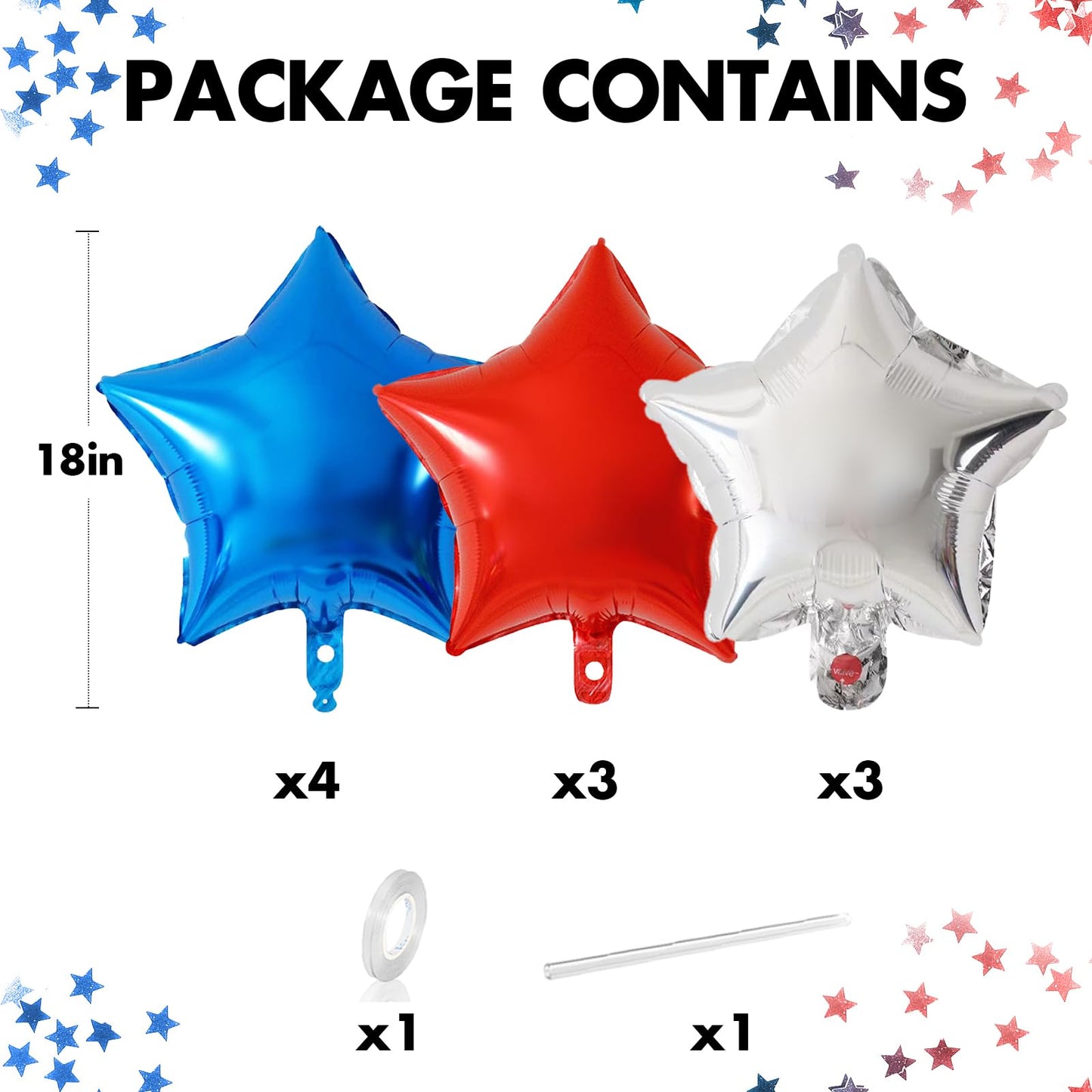 Feyg Star Balloons, 10 Pcs Red Blue Silver, 18'' Aluminum Foil, Self-Sealing, For Helium, Party Decorations, Wide Occasions