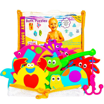 Foam Bath Toys - 100% Non-Toxic Floating Puzzles Animals - Early Learning Bathtub Toy - Fun Educational Geometric Shapes For Toddlers Kids Boys Girls - Free Bath Toy Organizer & Fishing Rod