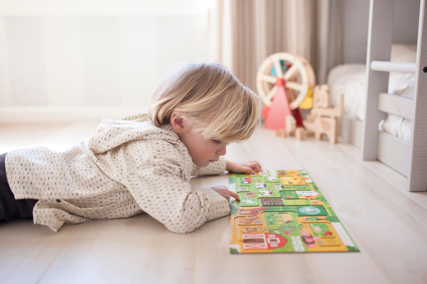 Petit Collage Follow + Spot Puzzle, At The Farm, 10-Pieces – Large Puzzle For Kids, Completed Educational Puzzle Measures 21”X 8.5” – Makes A Great Gift Idea For Ages 2+
