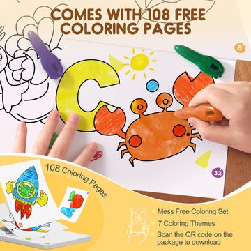 Mess Free Crayons For Toddlers, 24 Colors Washable Jumbo Crayons With 108 Free Coloring Books Pdf Pages, Big Large Baby Crayons For Kids Ages1-3,2-4,4-8 Keep Kids Busy Coloring Art Supplies