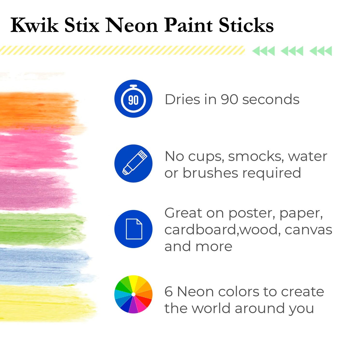 The Pencil Grip Kwik Stix NEON Solid Tempera Paint, Super Quick Drying, 6 Pack (TPG-610),Pink,Yellow,Blue,Green,Purple,Orange