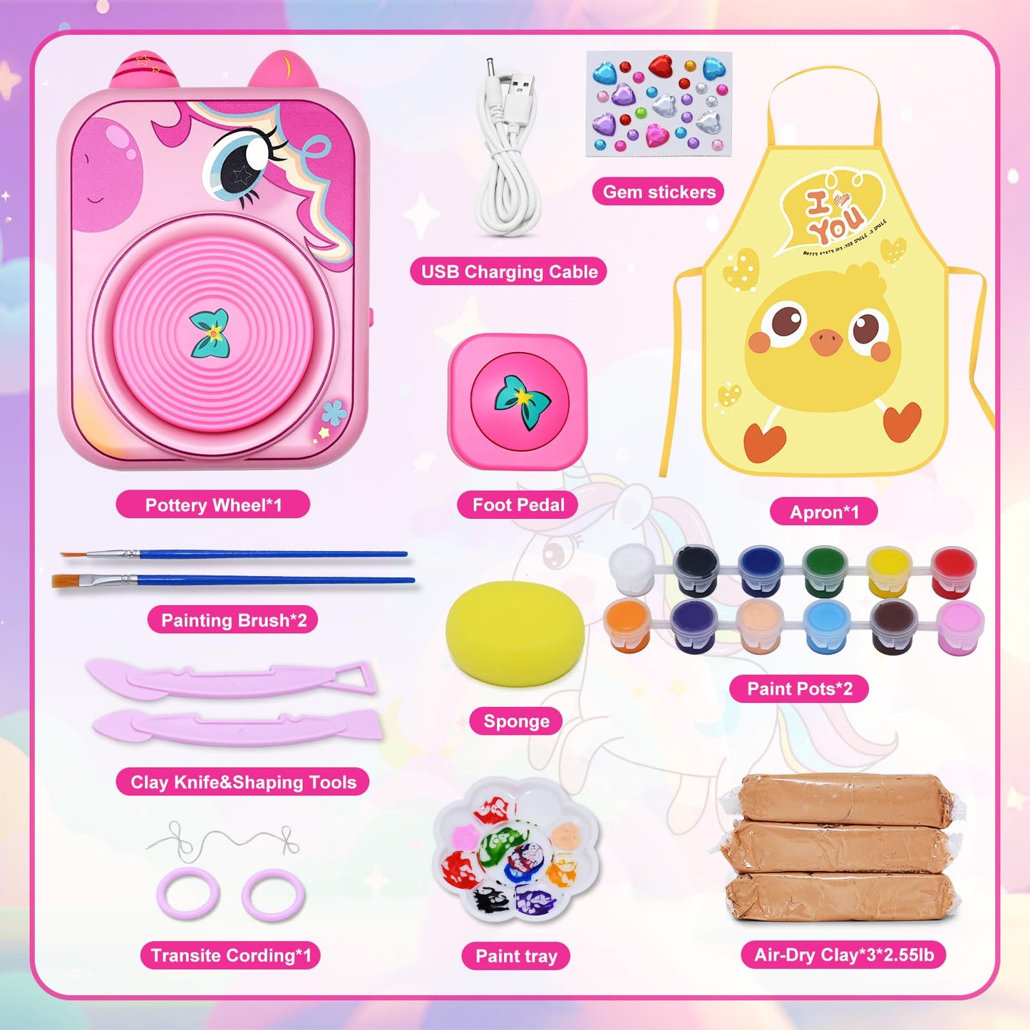 craftodo Pottery Wheel for Kids, Pink, 3.34x12.79x8.83 inches, Plastic, Ages 8-12, Includes 3 Pack Air-Dry Clay,