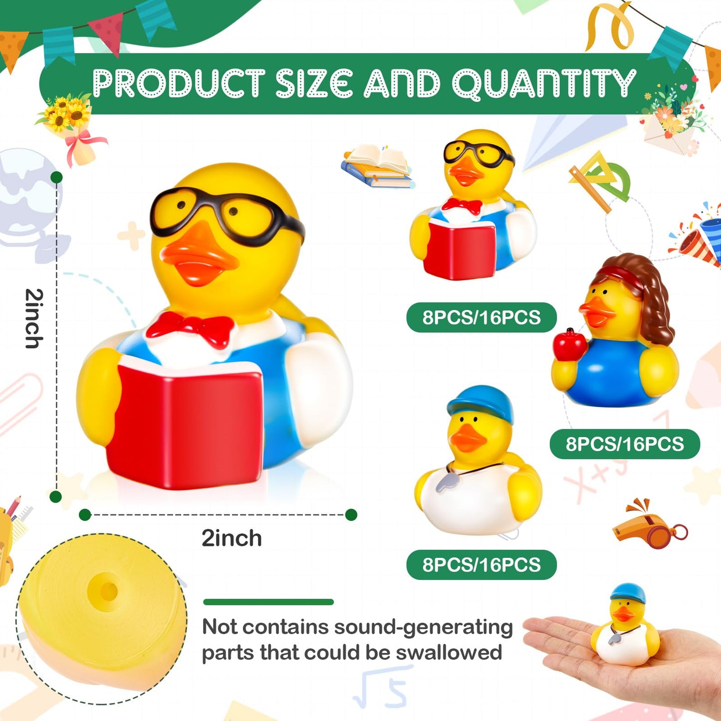 Deekin 48 Pcs Teacher Themed Party Favors Rubber Ducks 2 Inch School Educator Events Award Gifts for Teacher Appreciation Cute I