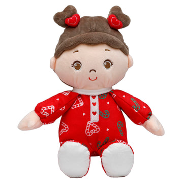 Large 13 Inch Soft Baby Doll With Heart Print, Brunette Ruby, Red