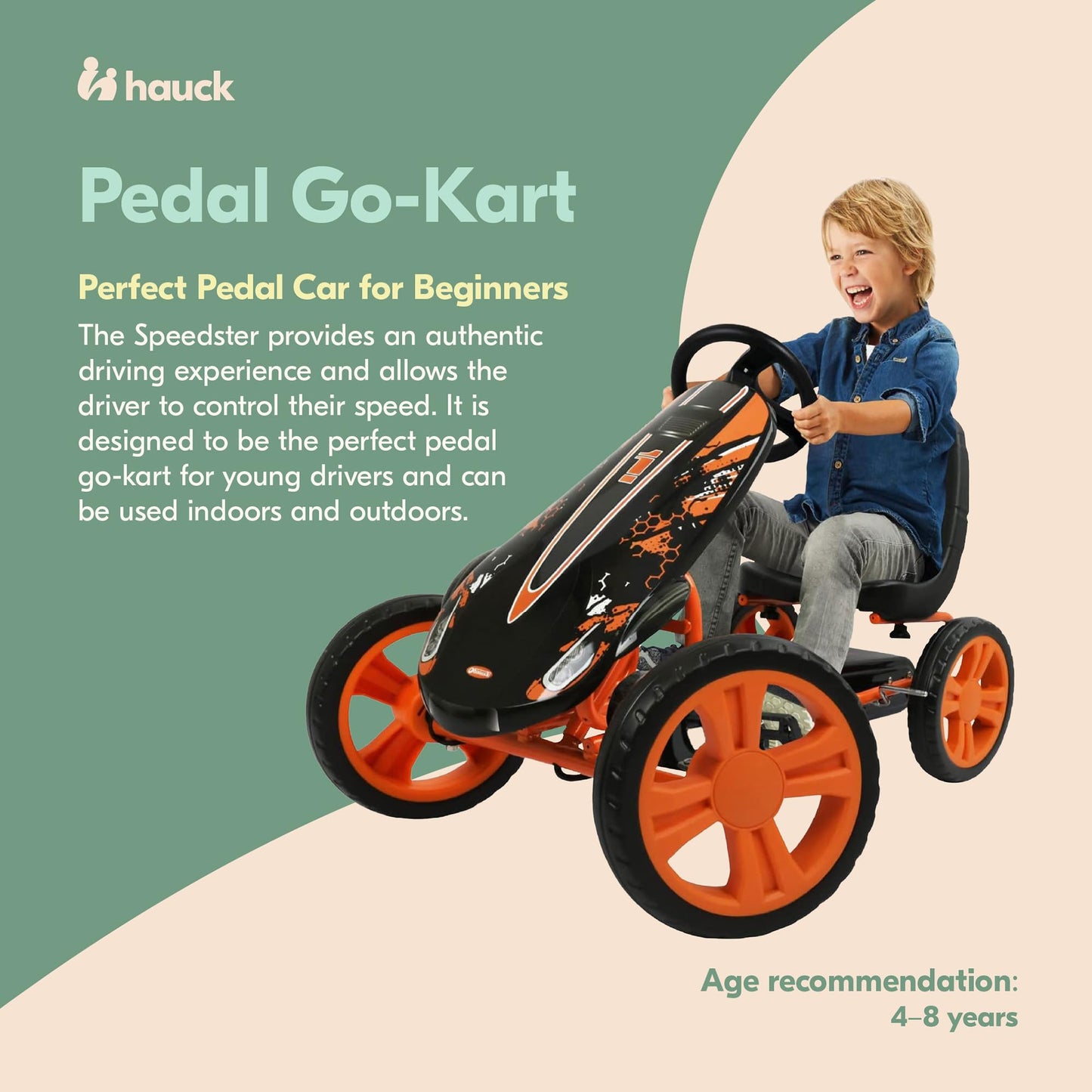 hauck Speedster Pedal Car with 3 Way Adjustable Bucket Seat, Hand Brake, and Robust Steel Tube Frame for Indoor and Outdoor Use,