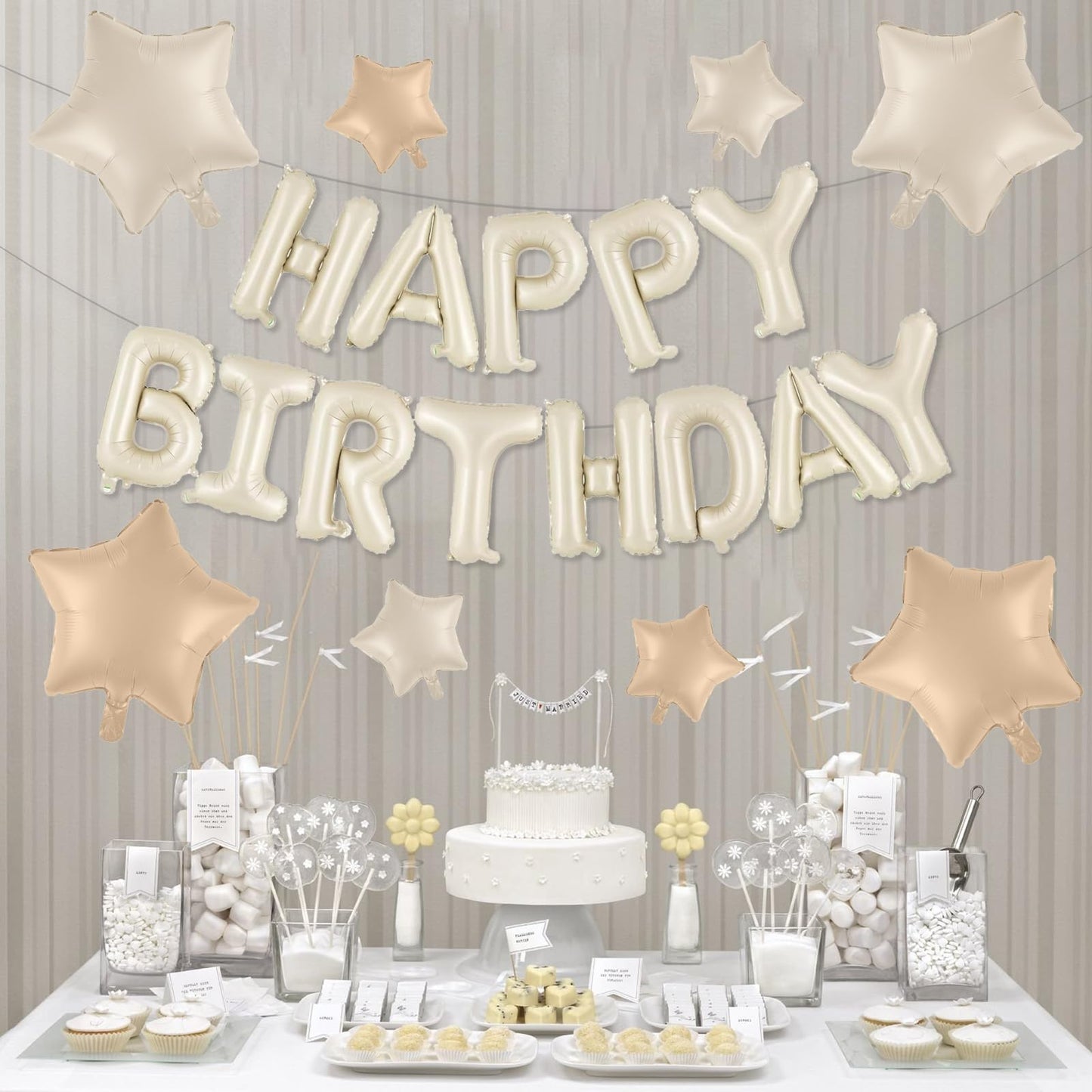 Happy Birthday Balloons Banner, Cream Happy Birthday Foil Balloons 16 Inch Mylar Foil Letter Balloons With 8 Pcs Cream Caramel B