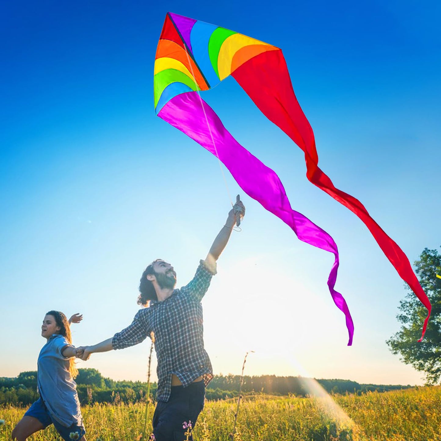 HENGDA KITE Colourful Triangle Kite with Two Tails for Kids Beginners and Adults Easy to Fly and Assemble Suitable for Outdoor A
