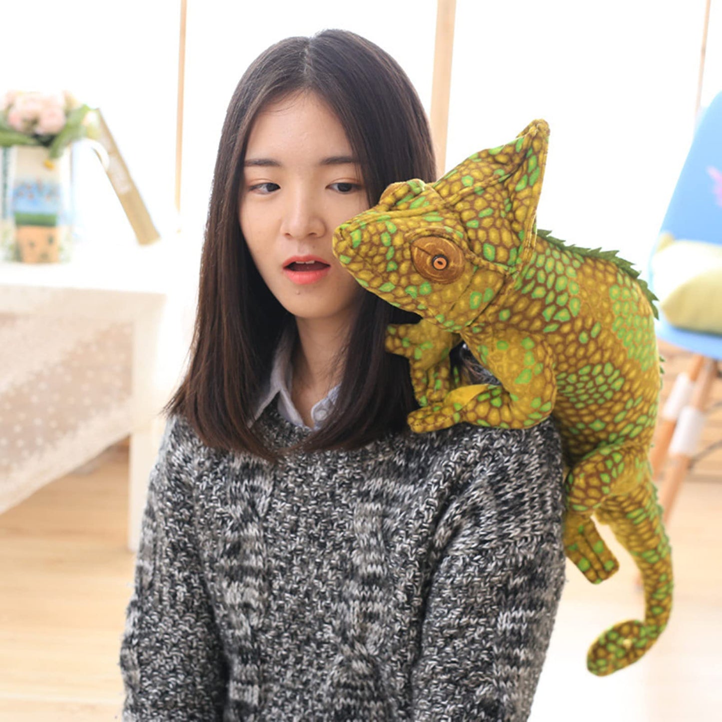 Simulation Chameleon Stuffed Plush Toy - Lizard Plushietoy, Real Life Reptiles Wild Lizard Chameleon Stuffed Animal Toys Gifts For Kids,(27.5 Inches) (Yellow + Green)
