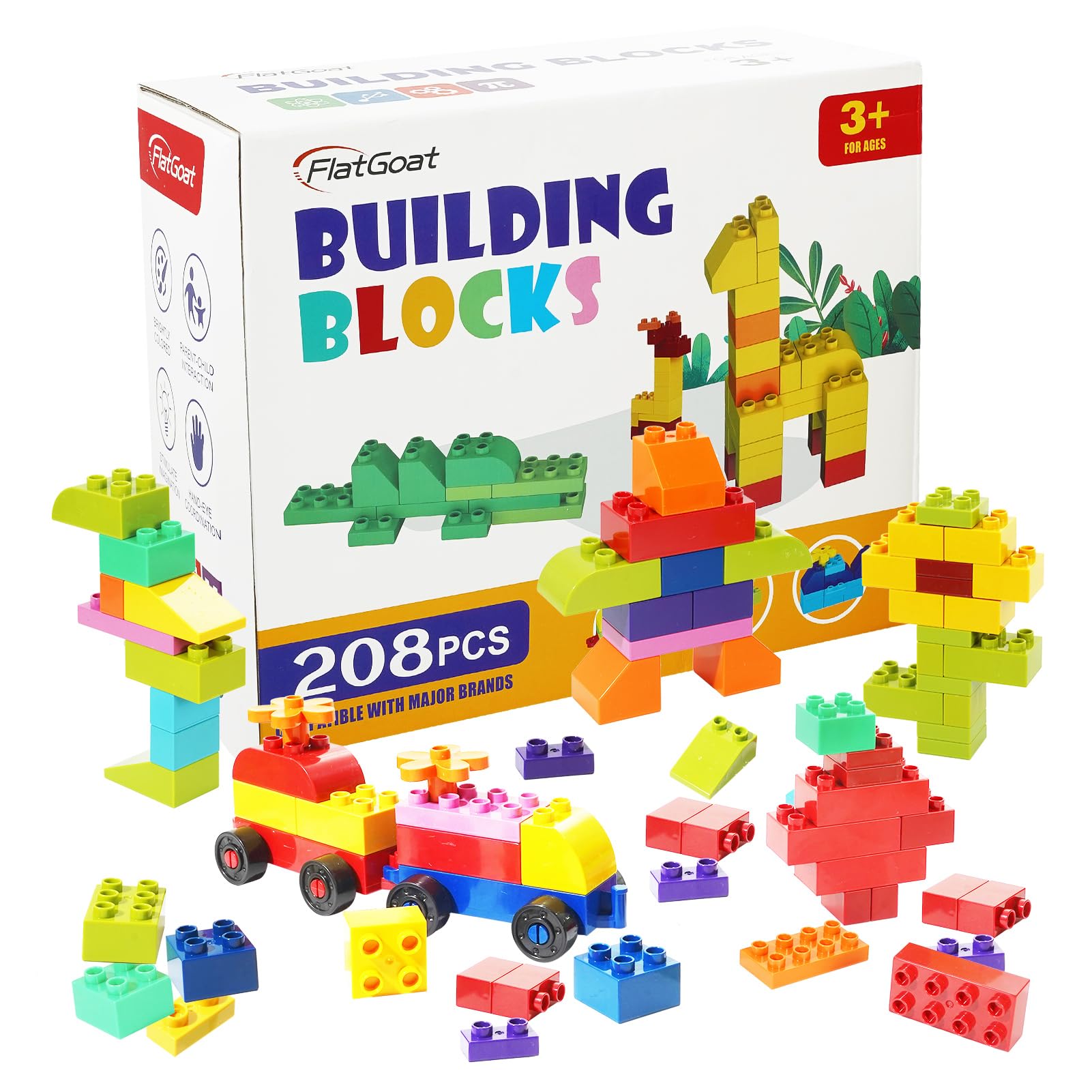 FlatGoat Building Blocks 208 Piece Set Compatible with All Major Brands, Classic Big Bricks for Kids Toddlers, STEM Large Buildi