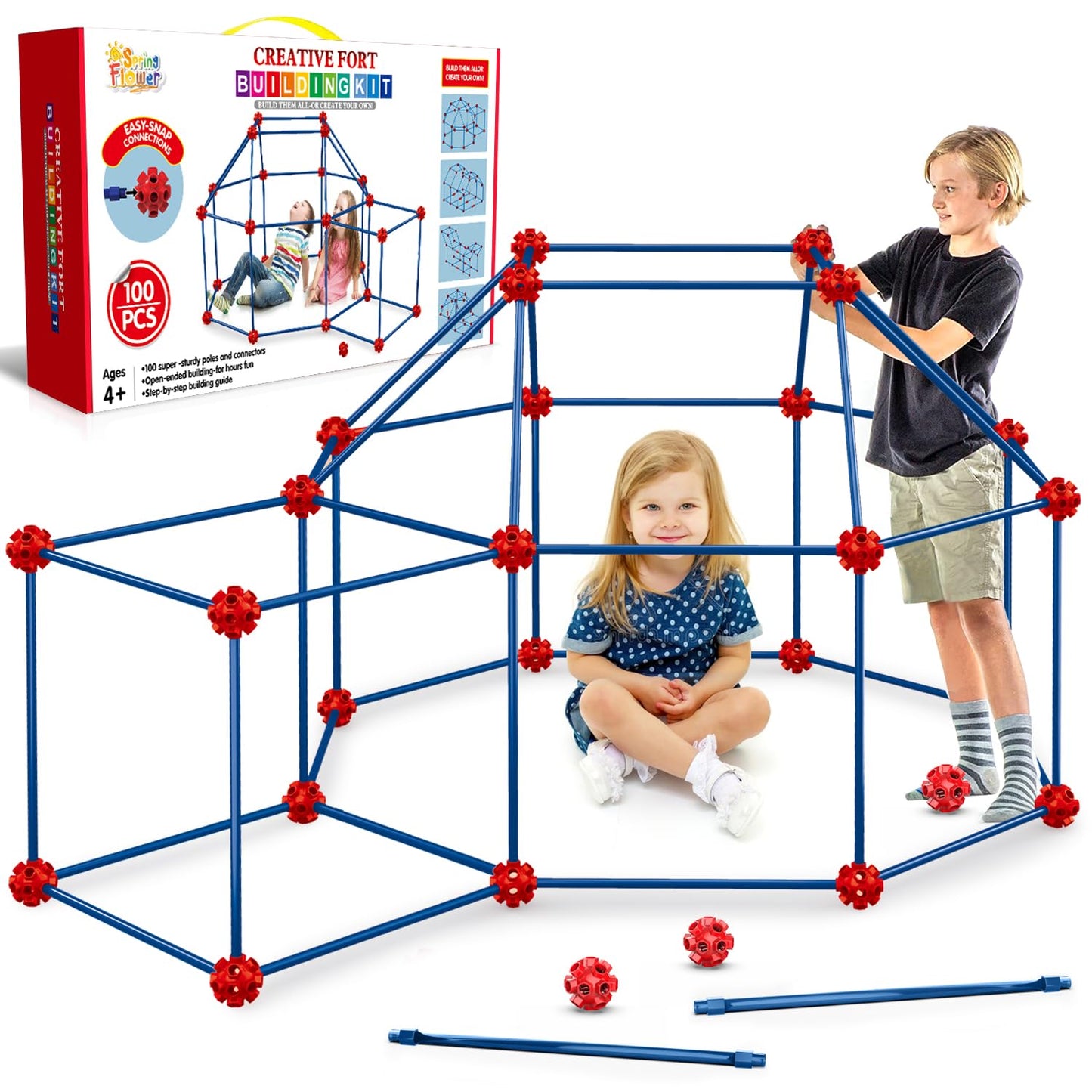 Springflower Fort Building Kit For Kids,Stem Construction Toys, Educational Gift For 3 4 5 6 7 8 9 10 11 12 Years Old Boys And Girls,Ultimate Creative Set For Indoor & Outdoors Activity,100 Pcs