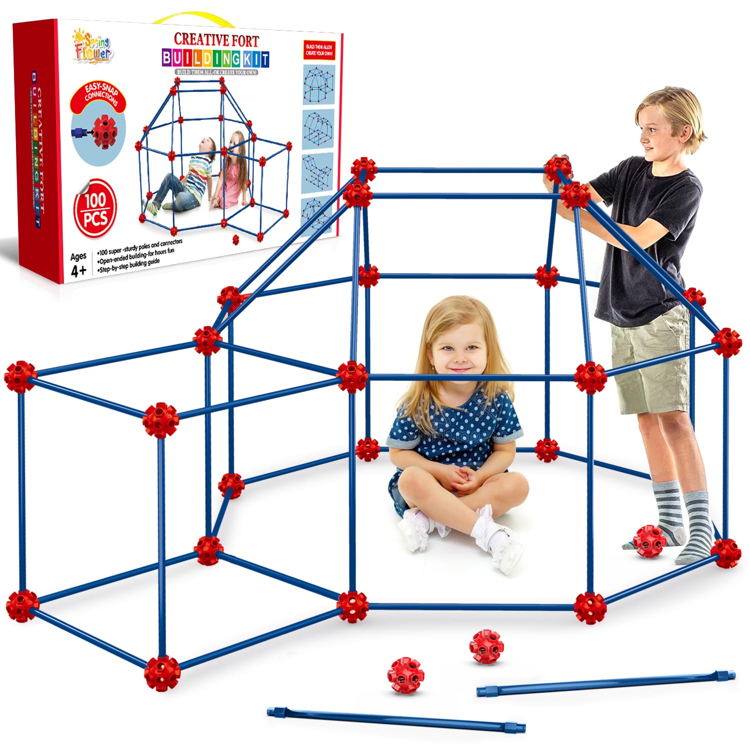 Springflower Fort Building Kit For Kids,Stem Construction Toys, Educational Gift For 3 4 5 6 7 8 9 10 11 12 Years Old Boys And Girls,Ultimate Creative Set For Indoor & Outdoors Activity,100 Pcs
