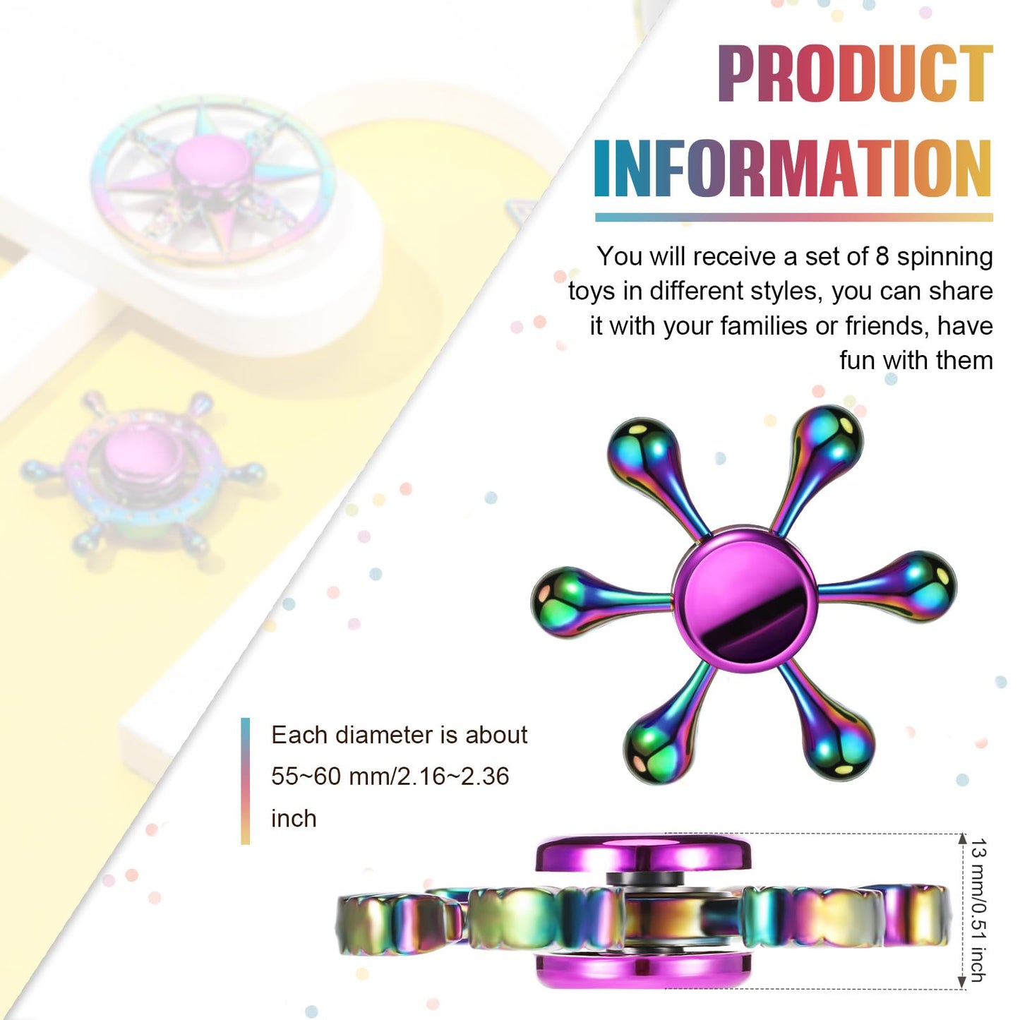 8 Pieces Rainbow Metal Spinner Cool Finger Spinners High Speed Hand Spinners Toys For Stress Anxiety Gift For Adults And Teens (Chic Style)