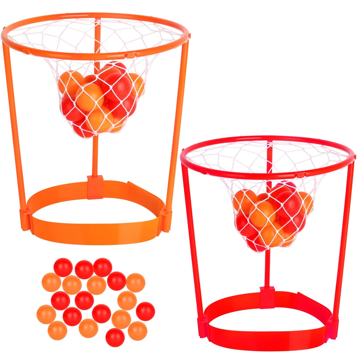 2 Pack Head Hoop Basketball Party Game For Kids And Adults Carnival Game Adjustable Basket Net Headband With 20 Balls For Carnival Party Birthday Party Family Indoor Outdoor Game (Red + Orange)