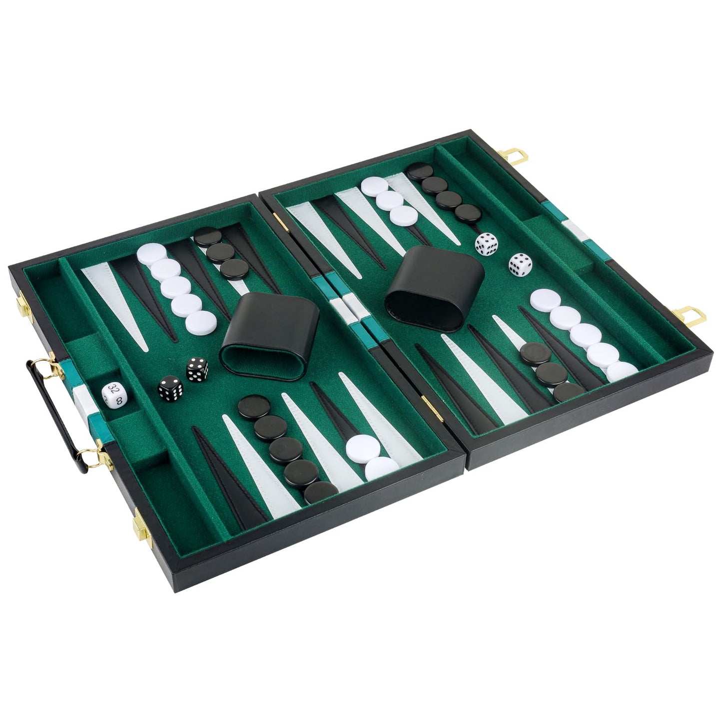 RERIVER Backgammon Set for 2 Players - Classic Green Leatherette Case, 15 inch Portable Travel Board Game
