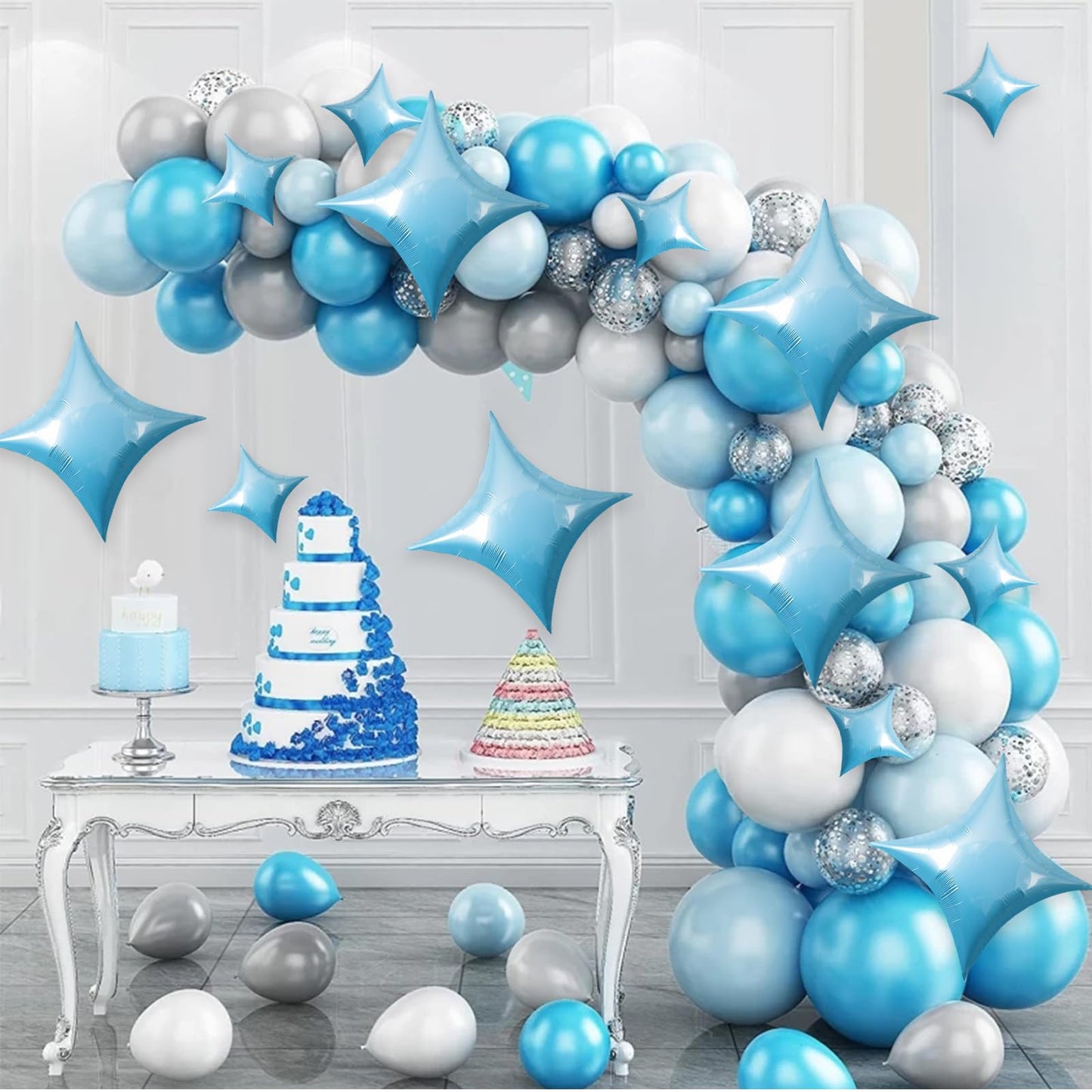TONIFUL 30Pcs 26In&10In Star Balloons Large Blue Four Pointed Star Shape Foil Balloons Mini Star Mylar Balloons for Birthday Wed