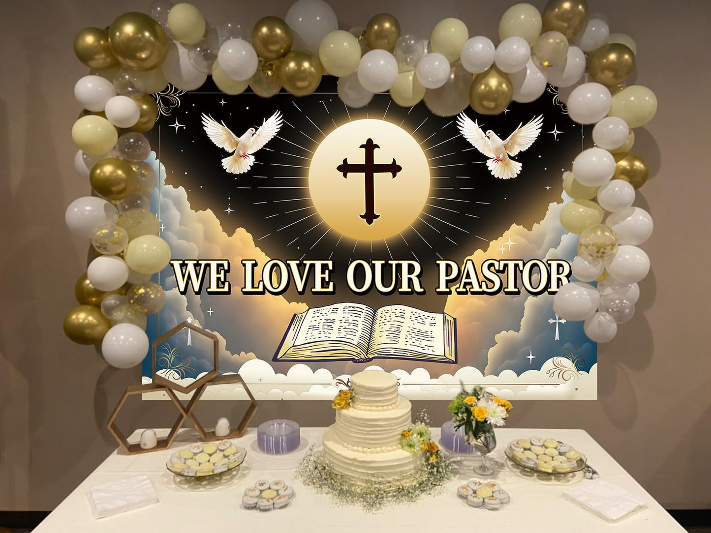We Love Our Pastor Backdrop 7x5FT Pastor Appreciation Banner Background for Church Cross Christian Thanksgiving Party Decoration