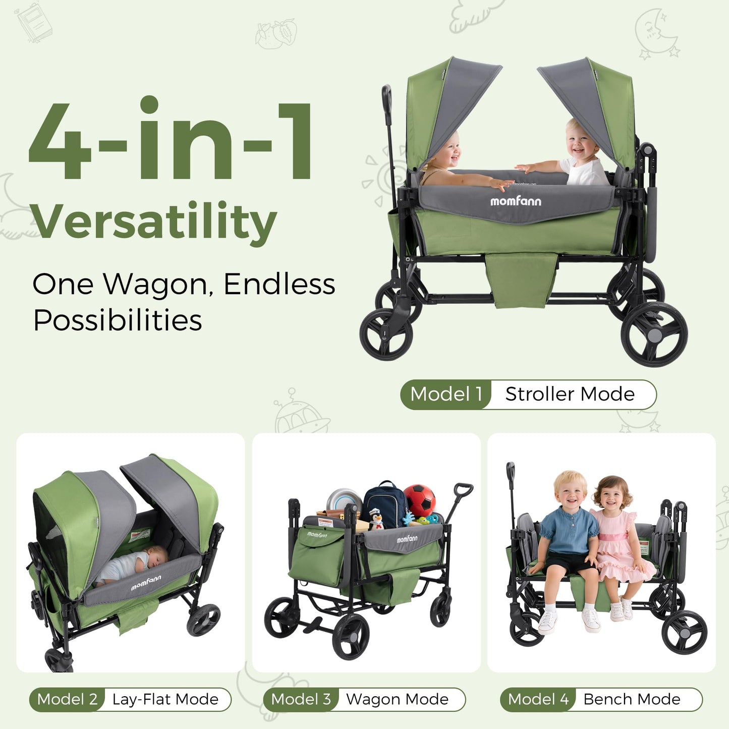Stroller Wagon for 2 Kids with Canopy, Foldable All-Terrain Wagon Stroller with Adjustable Push/Pull Handle, Parent Organizer, 5