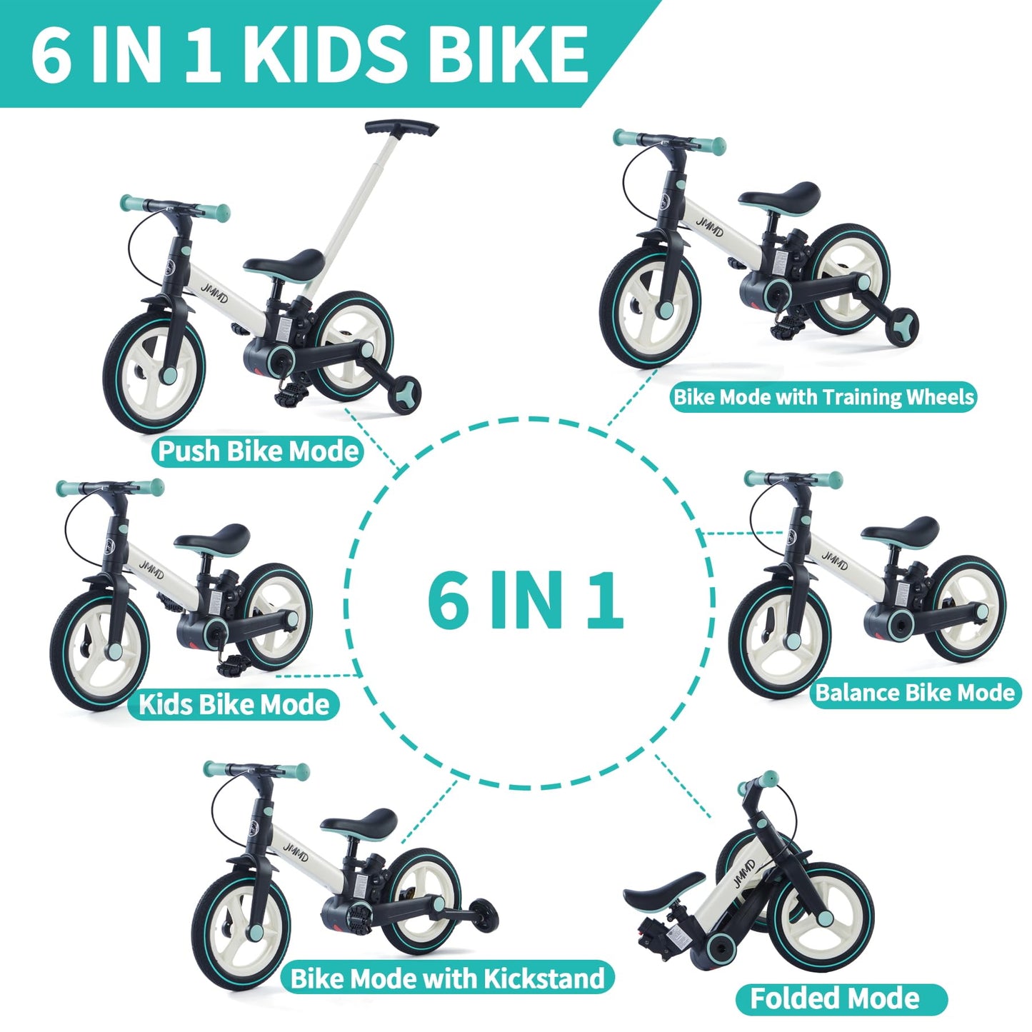 JMMD Mint Toddler Bike with Push Handle, 6-in-1 Training Wheels & Pedals, Balance Bike for Kids 18-60 Months, Includes Brakes & Kickstand