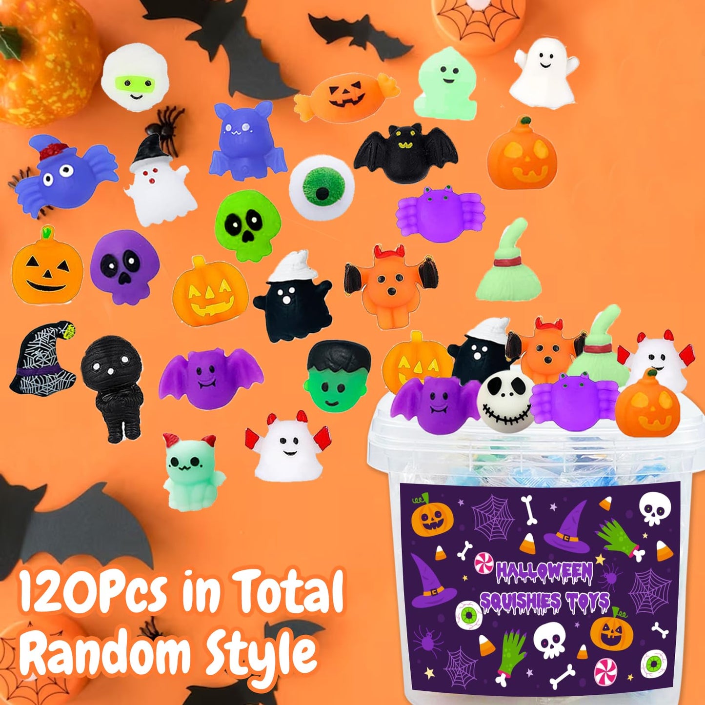 Halloween Party Favors, 120Pcs Squishies Toys for Kids, Mochi Squishy Bulk, Kawaii Mini Squeeze Toys for Halloween Treat, Goodie