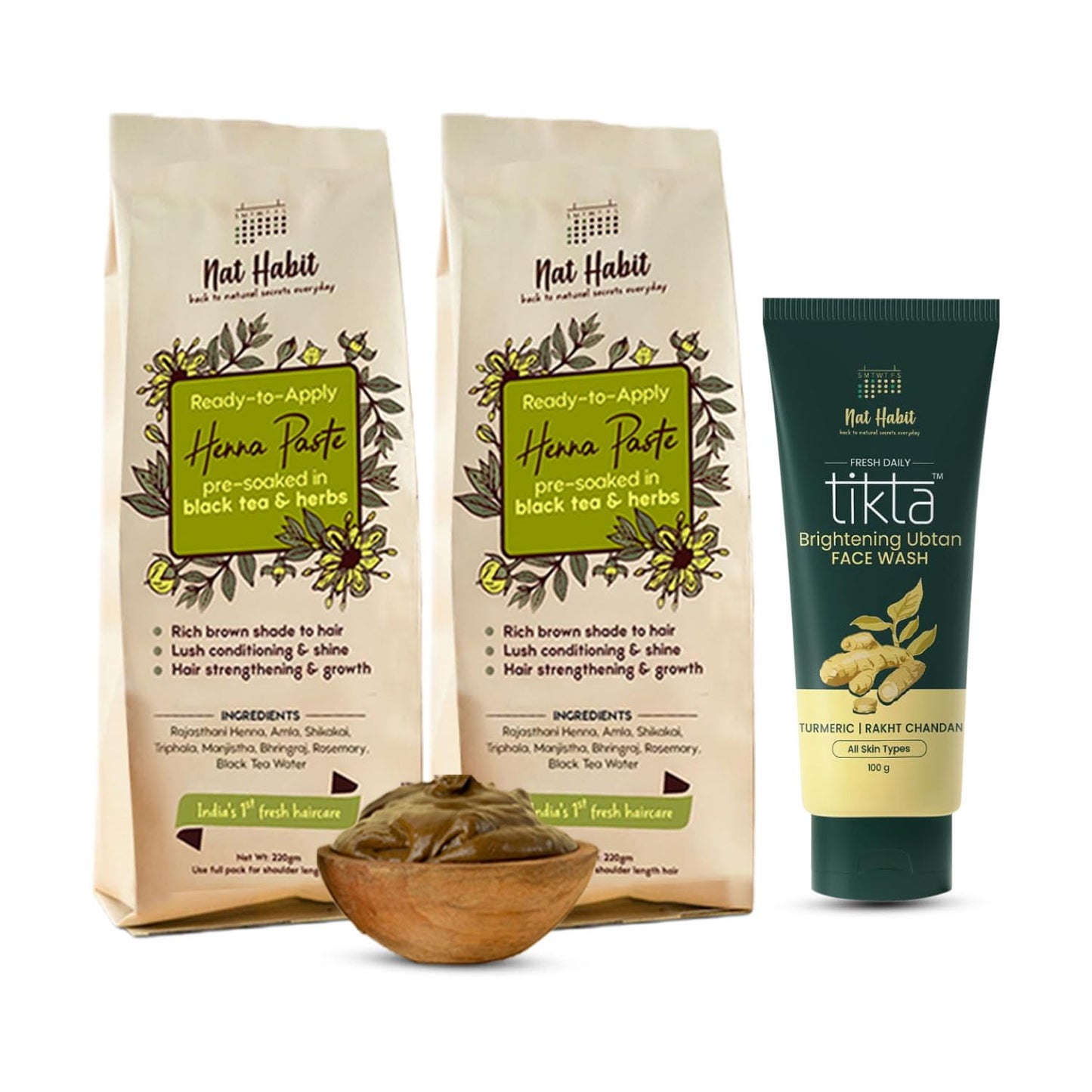 Nat Habit Ready To Apply Henna Paste & Brightning Ubtan Face Wash Combo For Men & Women Natural Glow, Rich Dark Brown Shade Suit