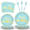 CHUNNIN 96PCS Blue Birthday Plates and Napkins Birthday Party Decorations Light Blue and Gold Dessert Plates Tableware for 24 Gu