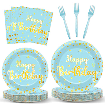CHUNNIN 96PCS Blue Birthday Plates and Napkins Birthday Party Decorations Light Blue and Gold Dessert Plates Tableware for 24 Gu