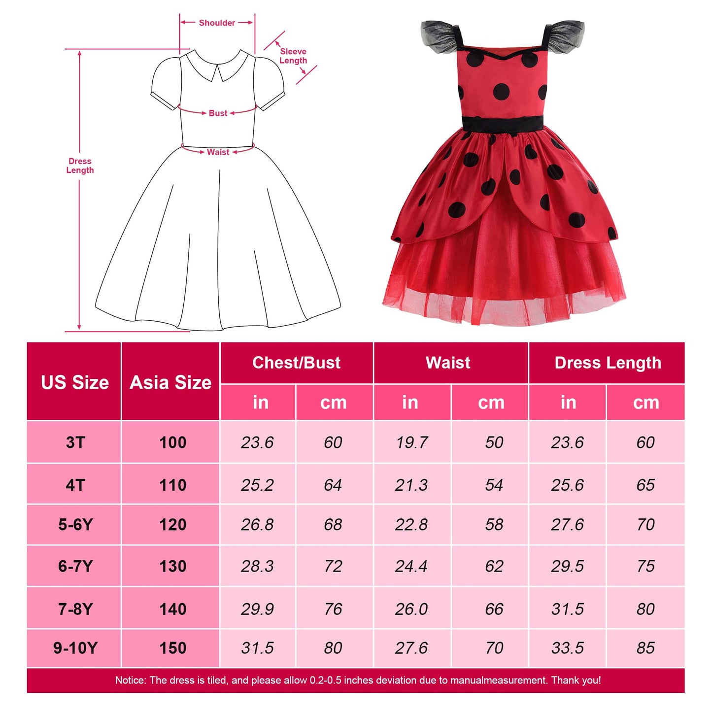 Reliparty Ladybug Costume For Girls With Polka Dots Ladybird Dress Dress Up Halloween Christmas 150