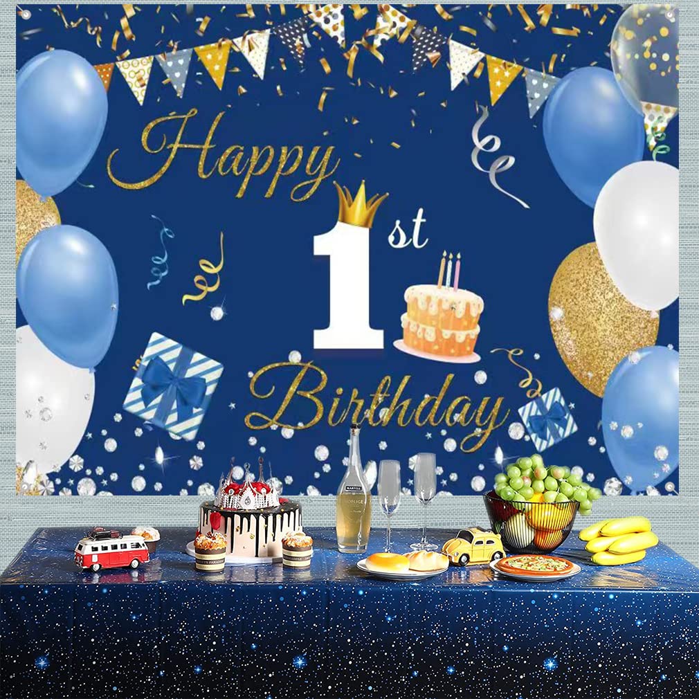 1st Birthday Decorations Happy 1st Birthday Backdrop Party Banner for Boys/Girls Happy 1 Year Old Fabric Sign Poster, Blue Photo